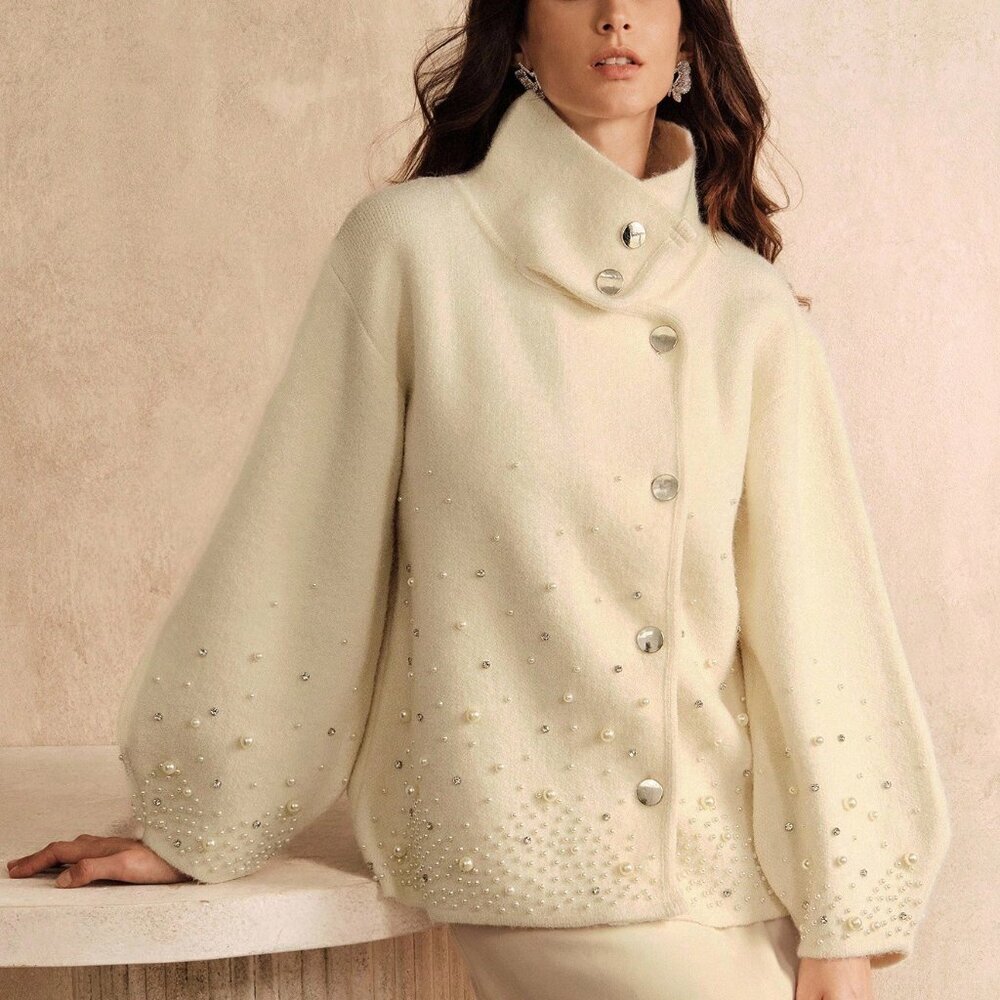 Cream Casual Women's Cardigan with Pearl & Rhinestone Details - Picture 5 of 11